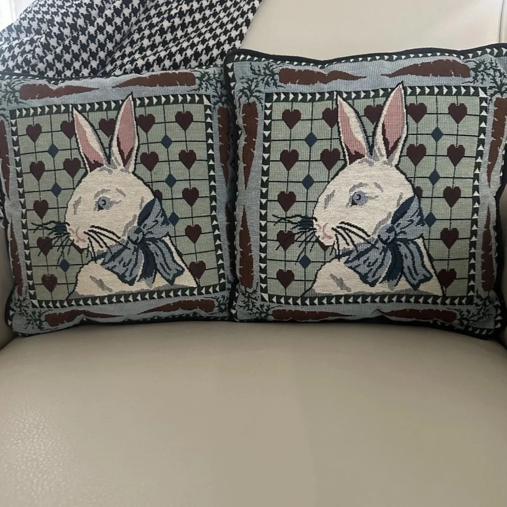 Vintage Bunny Tapestry Throw Pillows - Pair 12x12